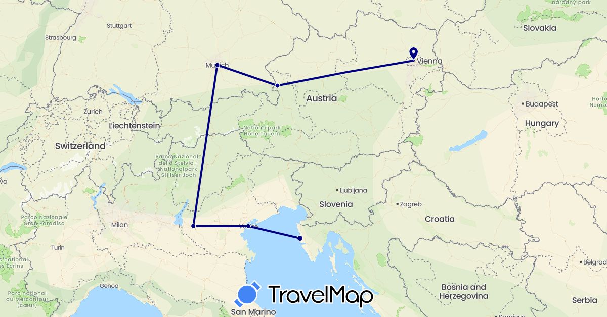 TravelMap itinerary: driving in Austria, Germany, Croatia, Italy (Europe)